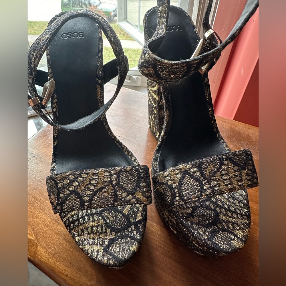ASOS gold lace heeled platform heel sandals BNWOT - Picture 6 of 11